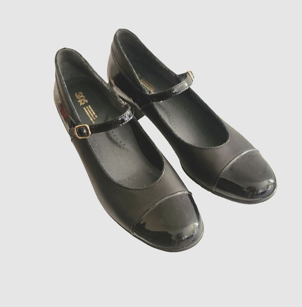 SAS Isabel Mary Jane Heels Women's Sz 9.5 Black Leather Patent Toe Comfort  NWOB